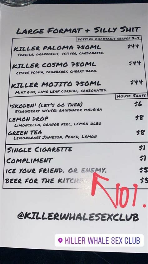 Menu at Killer Whale Sex Club, Phoenix